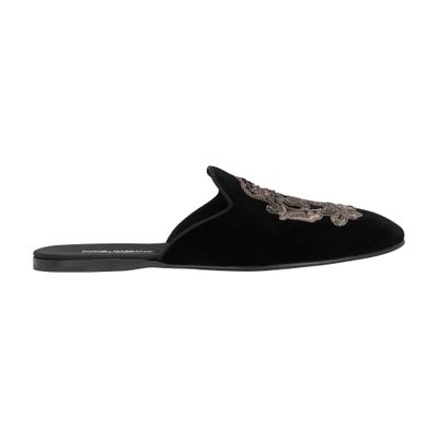 Dolce & Gabbana Velvet Slippers With Coat Of Arms Embroidery In Multicolor
