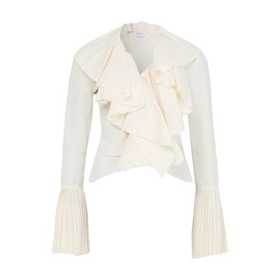 Alexander Mcqueen Long-sleeve V-neck Pleated Ruffle Blouse In White