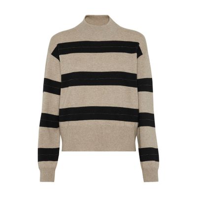 Brunello Cucinelli Virgin Wool-blend Embellished Striped Sweater In Brown