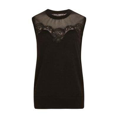 Dolce & Gabbana Sleeveless Cashmere And Silk Sweater With Lace In Black