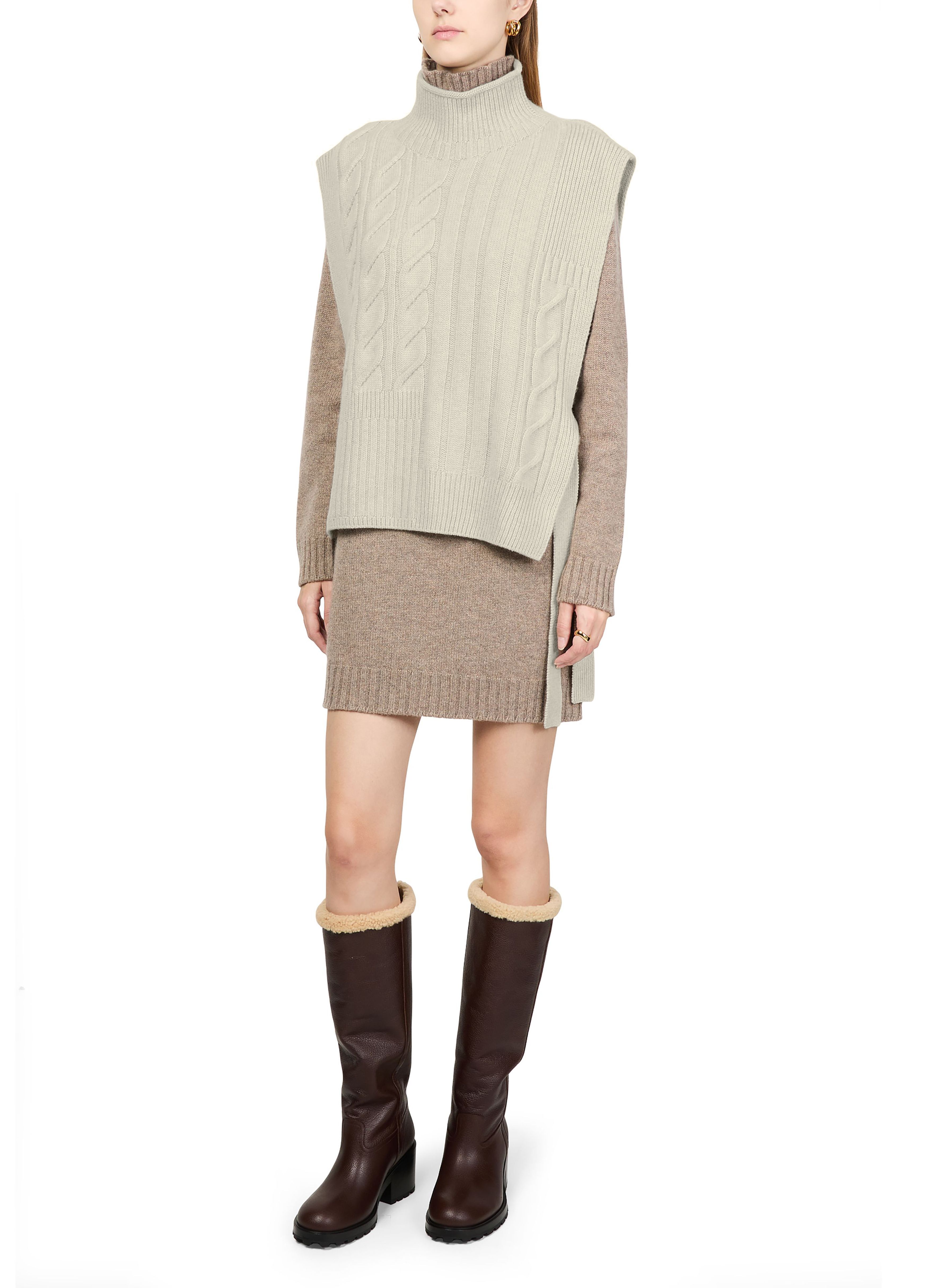 Long belted cable knit bib sweater thumbnail 5