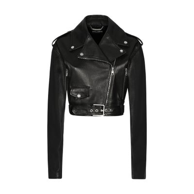 Dolce & Gabbana Cropped Leather Biker Jacket In Black