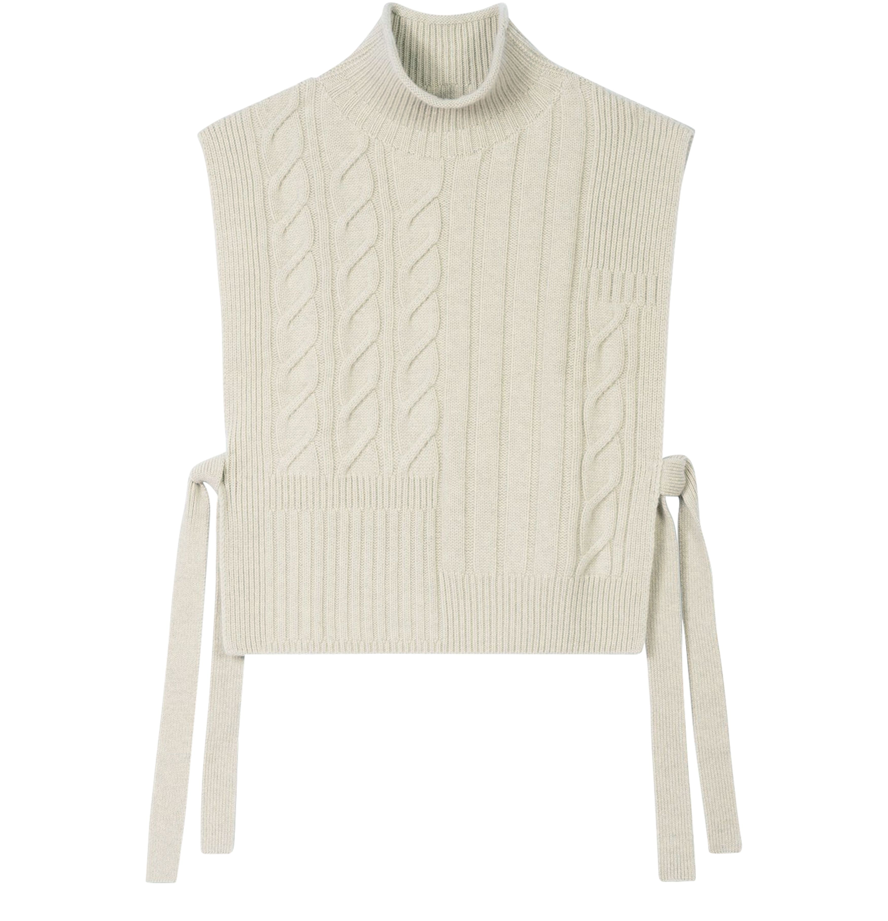 Long belted cable knit bib sweater