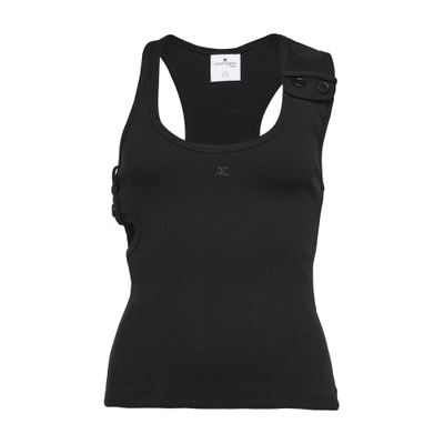 Courrèges Ribbed Scoop Neck Sleeveless Button Top In Black