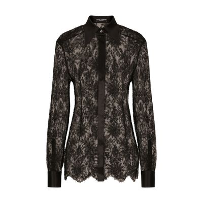 Dolce & Gabbana Chantilly Lace Satin Trim Button Down Shirt In Black