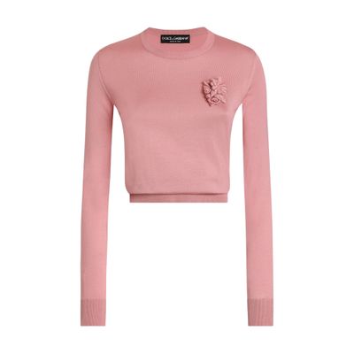 Dolce & Gabbana Long-sleeved Silk Sweater With Flower In Multicolor