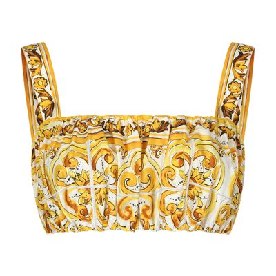 Dolce & Gabbana Maiolica Cropped Gathered Printed Cotton-poplin Top In Multicolor