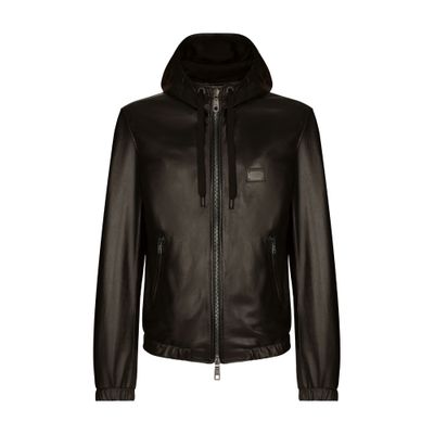 Dolce & Gabbana Leather Jacket With Hood And Branded Tag In Black