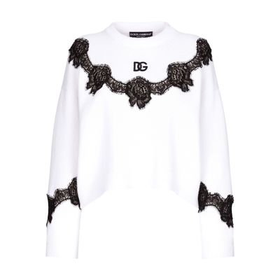 Shop Dolce & Gabbana Wool Sweater And Lace Inserts In White