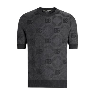 Dolce & Gabbana Silk Crewneck Sweater With Jacquard Logo In Grey