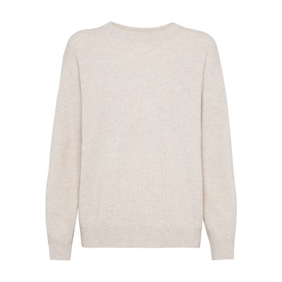 Brunello Cucinelli Women English Rib Cashmere Sweater With Monile In Beige