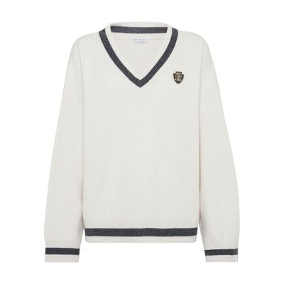 Shop Brunello Cucinelli English Rib Knit Sweater With Logo In White