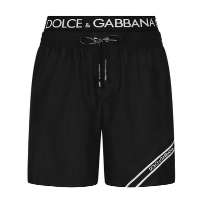 Shop Dolce & Gabbana Mid-length Swim Trunks With Logo Band In Black