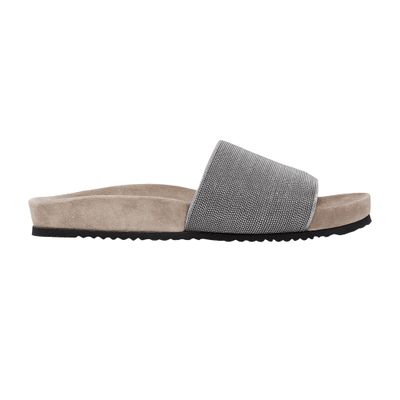 Brunello Cucinelli Monili Flat Pool Slide Sandals In Grey