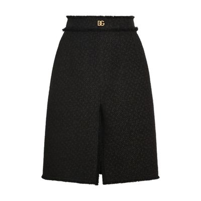 Dolce & Gabbana Raschel Tweed Midi Skirt With Central Slit And Dg Logo In Black