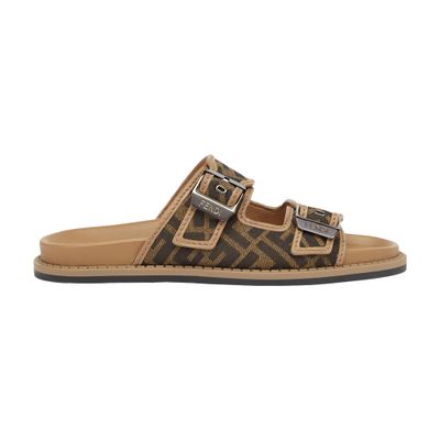 Fendi Canvas Feel Slippers With Adjustable Straps And Ff Motif Embroidery In Marron