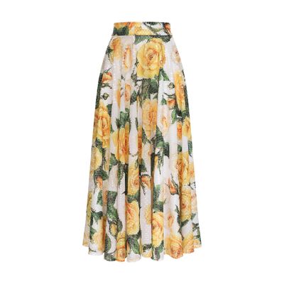 Dolce & Gabbana Sequined Midi Circle Skirt With Yellow Rose Print In Multicolor