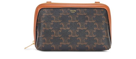 Celine Clutch with Chain in Triomphe Canvas and Lambskin, Brown