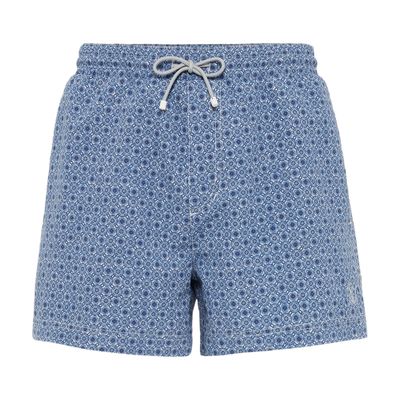 Brunello Cucinelli Men's Geometric Print Microfiber Swim Shorts In Blue
