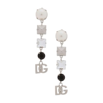 Dolce & Gabbana Drop Earrings With Rhinestones And Dg Logo In Silver