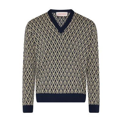 Valentino Wool Jumper With Toute La V Jacquard Pattern In Navy
