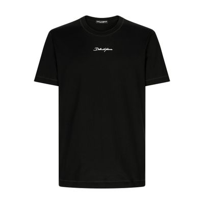 Dolce & Gabbana Black Crewneck T-shirt With Signature Logo In Cotton Man In Black