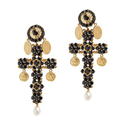 Dolce & Gabbana 18kt Yellow Gold Cross Black Sapphires And Pearl Clip-on Earrings In Gold