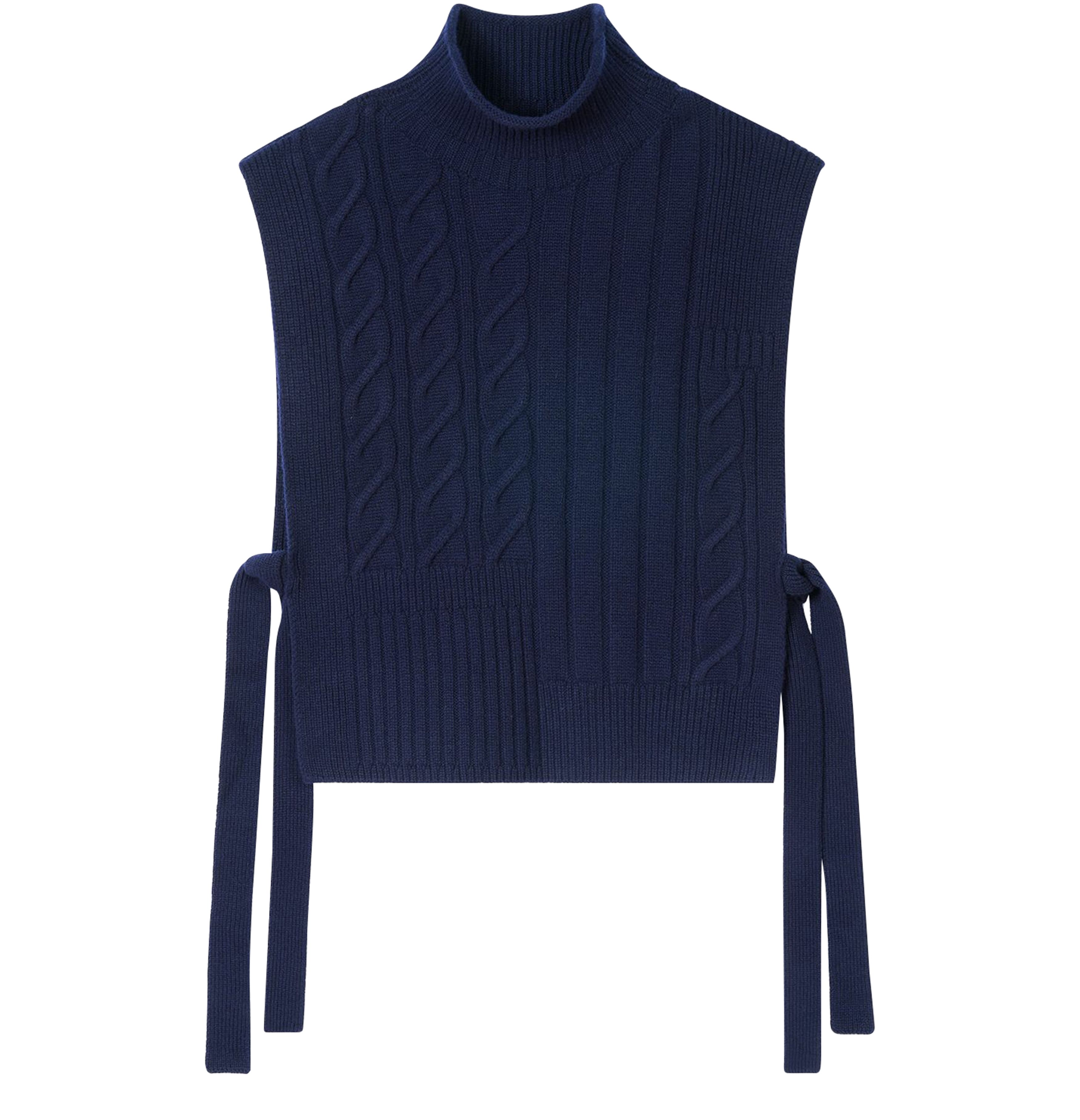 Long belted cable knit bib sweater