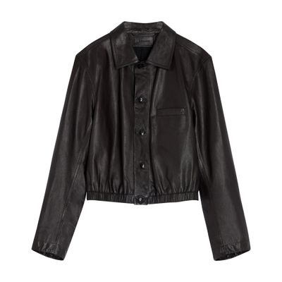 Lemaire Buttoned-up Elasticated Leather Jacket In Burgundy