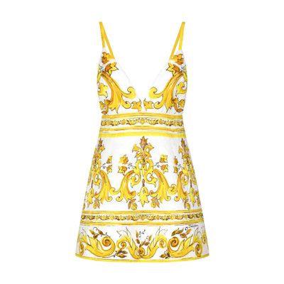 Dolce & Gabbana Short Majolica-print Brocade Dress With Straps In Multicolor