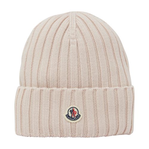 Moncler Light Pink Ribbed Wool Beanie With Logo In Soft_pink
