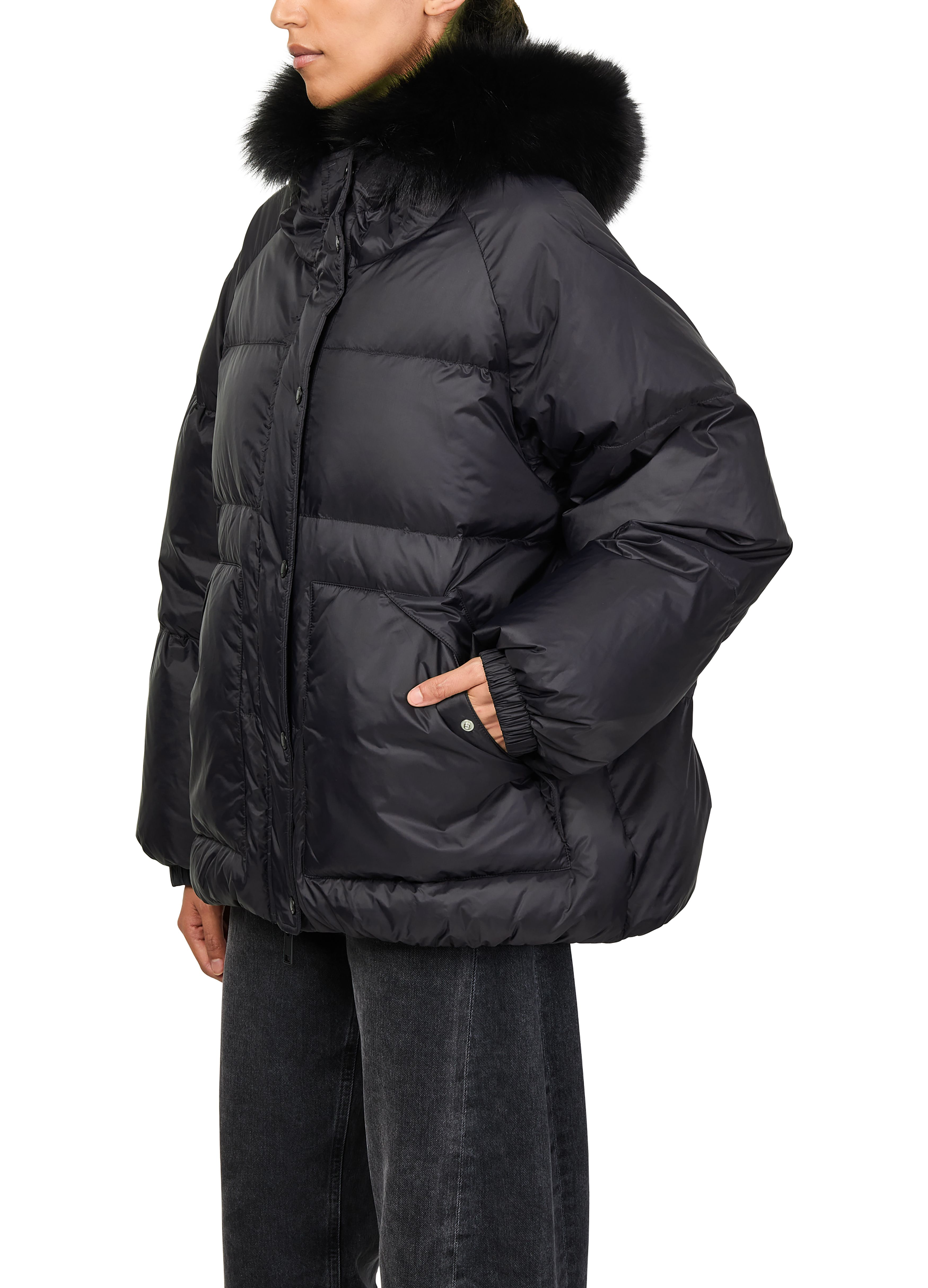 Hooded puffer jacket with a fox fur trim thumbnail 4