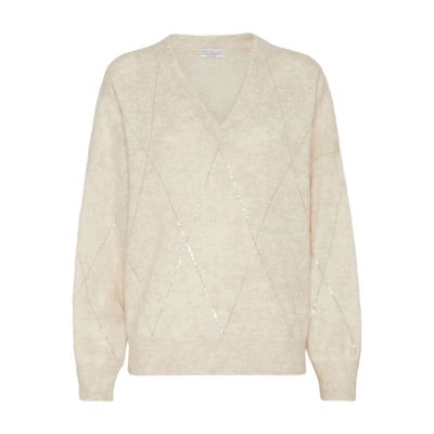 Brunello Cucinelli Mohair-blend Argyle Embroidery Sweater In Beige