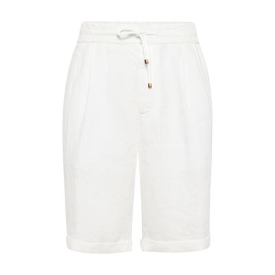 Brunello Cucinelli Garment Dyed Linen Gabardine Bermuda Shorts With Drawstring And Darts In White