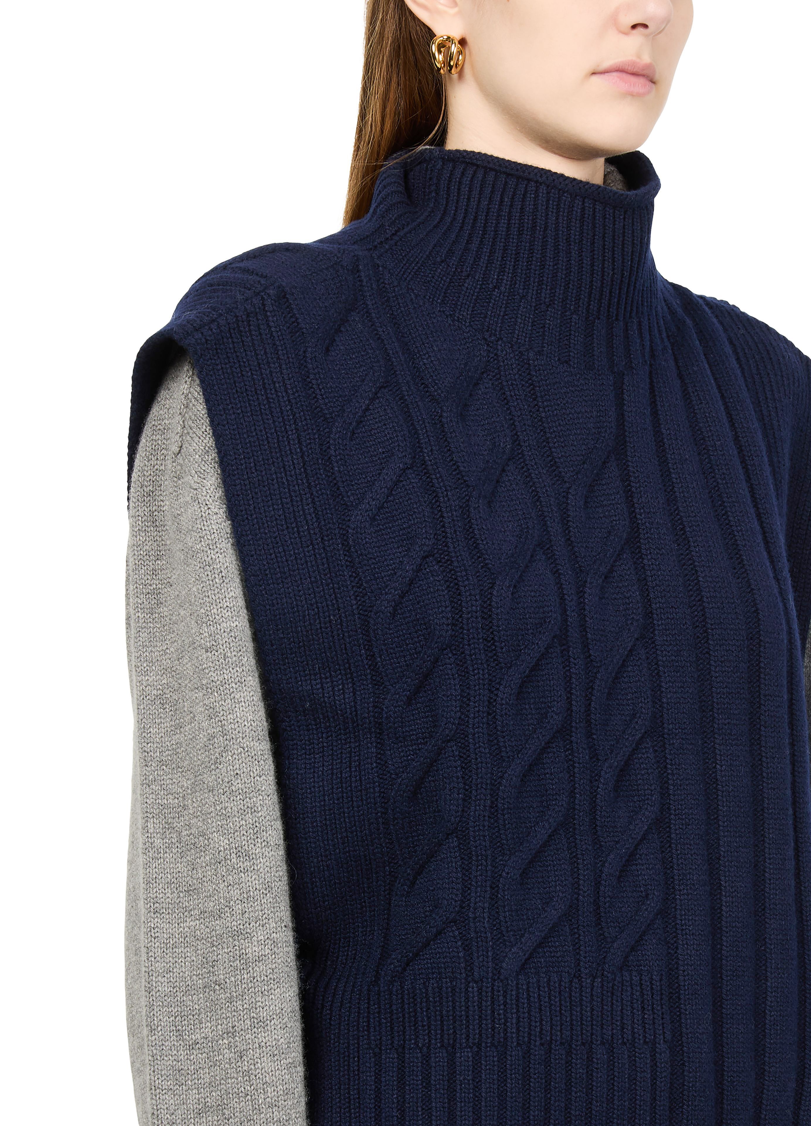 Long belted cable knit bib sweater thumbnail 3