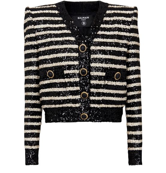 Sequins and stripes cropped 2 pocket jacket BALMAIN
