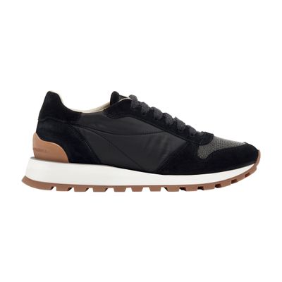 Brunello Cucinelli Suede And Leather Sneakers With Cushioned Sole In Black
