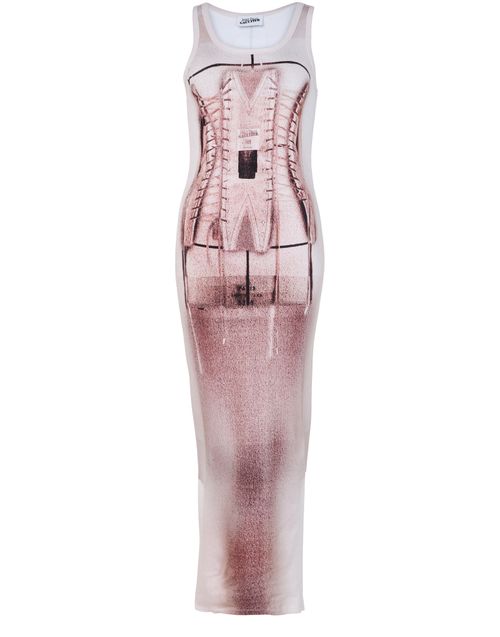 JEAN PAUL GAULTIER Robe longue en coton côtelé imprimé avec corset Trompe-l'œil