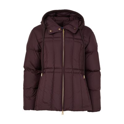 Moncler Estom Vertical-quilted Hooded Short Down Jacket In Burgundy