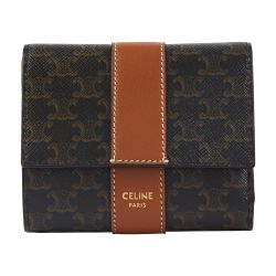 Celine Triomphe Small Flap Compact Trifold Wallet Tan Leather Free