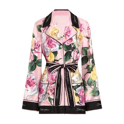 Dolce & Gabbana Twill Pajama Shirt With Rose And Peony Print In Multicolor