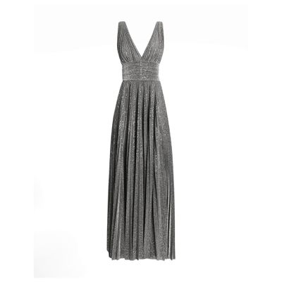 Dolce & Gabbana Long Pleated Dress With Micro-sequin Embellishment In Silver