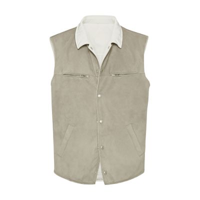 Brunello Cucinelli Leather Reversible Padded Gilet In Green
