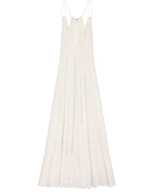 CELINE Robe longue brodée crêpon coton soie