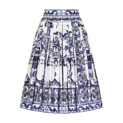 Dolce & Gabbana Tile-print Pleated Poplin Midi Skirt In Tris_maioliche_blu