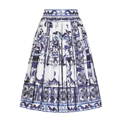 Dolce & Gabbana Midi Maiolica Printed Popeline Skirt In Tris_maioliche_blu