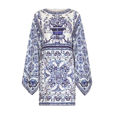 Dolce & Gabbana Short Majolica-print Charmeuse Dress In Multicolor