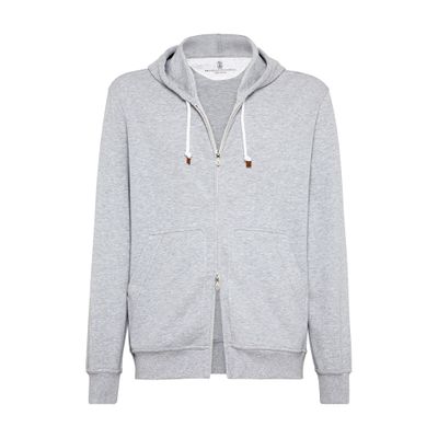 Brunello Cucinelli Men's Techno Cotton French Terry Hooded Sweatshirt With Zipper In Grey