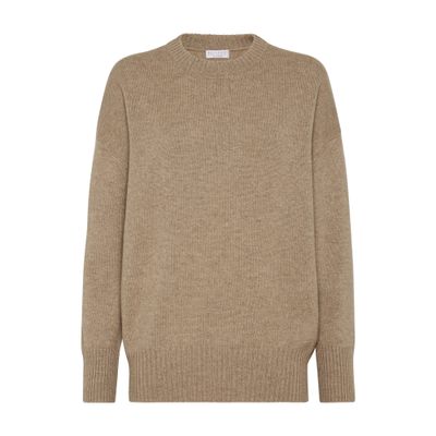 Brunello Cucinelli Beige Crewneck Sweater With Dropped Shoulders In Cashmere Woman In Brown