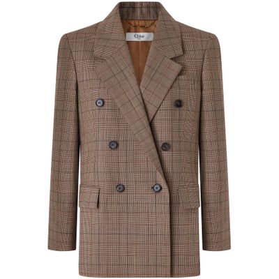 Chloé Double-breasted Tailored Jacket In Check Wool In Brown